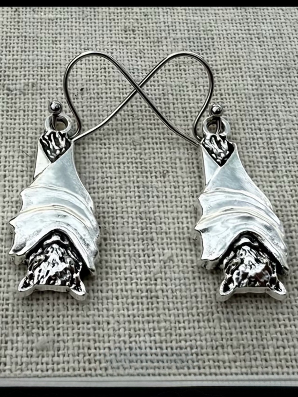 Silver Tone Hanging  Bat Wrapped in Wings Dangle Earrings  1” long - Picture 2 of 7